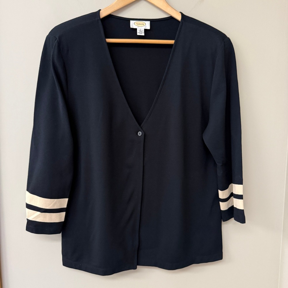 Talbots Womens V-Neck Single Button Striped Cardigan Size Large Black Knit Top